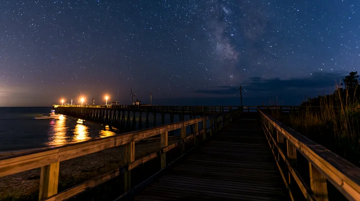 A bright starry night over a coastal boardwalk leads to a lit pier and ocean waves.