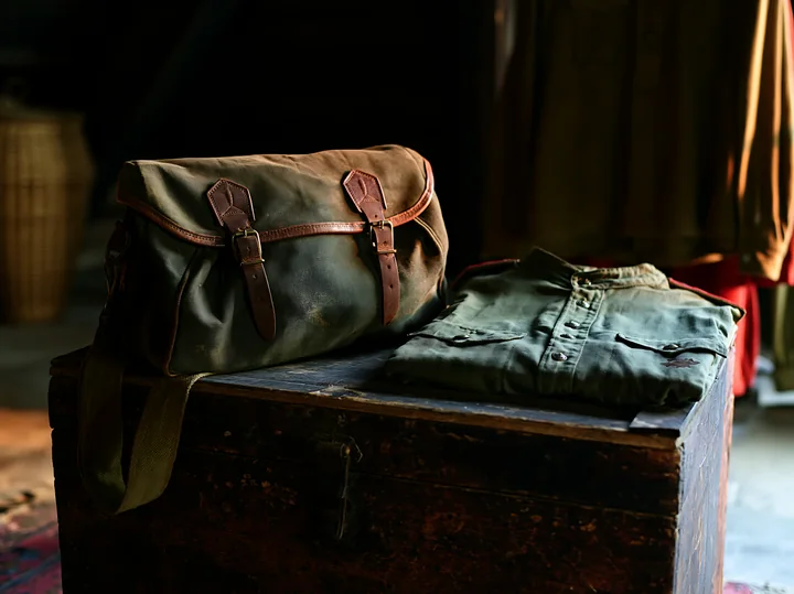 A brown bag and a folded shirt lie on a wooden table in a dimly lit room.