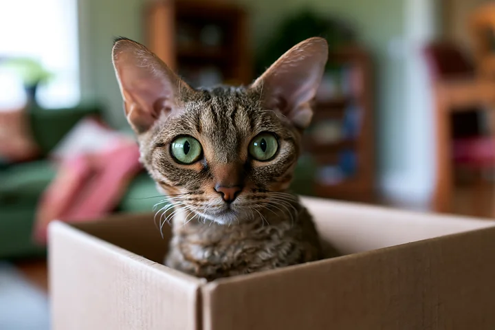 A brown tabby cat with large green eyes sits in a cardboard box placed in a cozy living room.