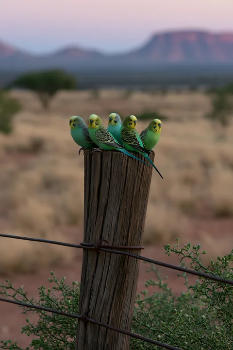 A budgerigar flock in desert landscape rests on a wooden post at dusk.