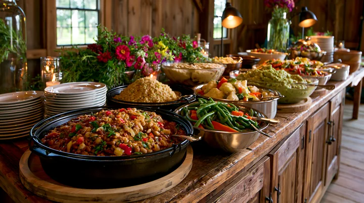 A buffet displays various dishes in a rustic indoor setting with wooden decor.