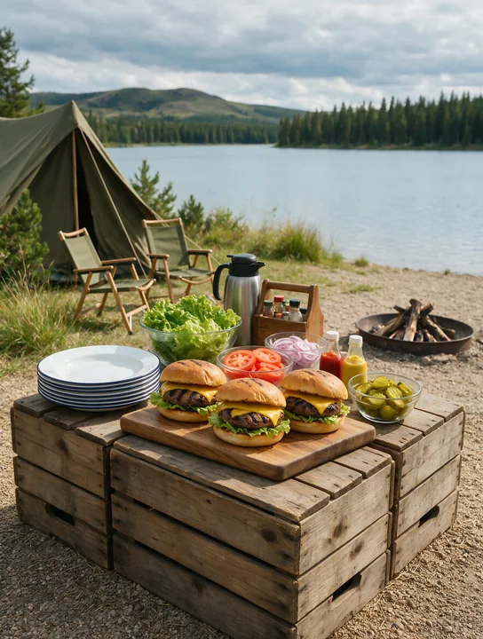 A burger buffet setup is arranged on wooden crates near a lake.