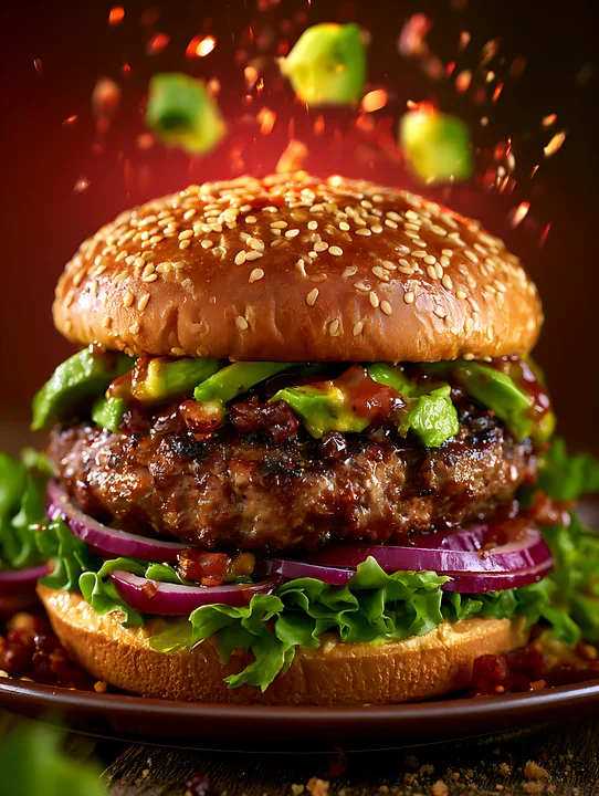 A burger sits on a wooden table with sesame seed bun, lettuce, onion, and avocado.