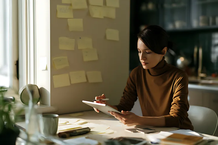A businesswoman examines her project timeline on a tablet in a modern office.