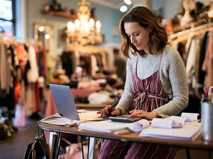 A businesswoman works at a desk in her boutique, using a laptop and calculator to manage her business tasks.