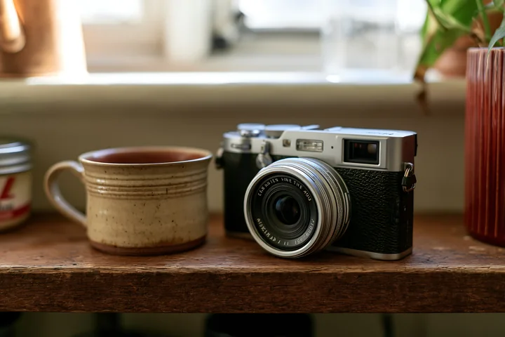 A camera and lens on a wooden shelf sit next to a ceramic cup.