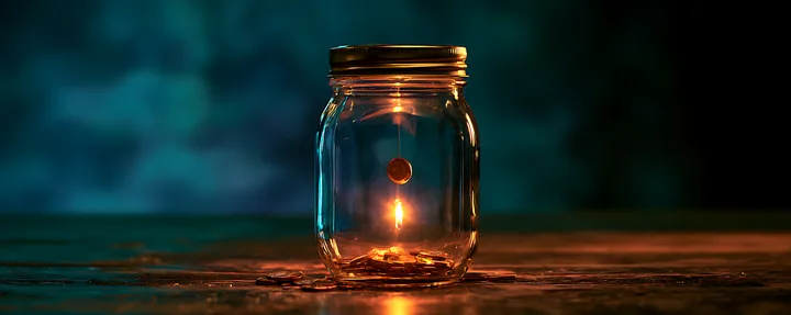 A candle burns inside a clear glass jar placed on a wooden table.