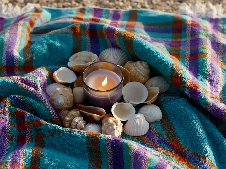 A candle surrounded by seashells sits on a colorful fabric, capturing a moment at the beach.