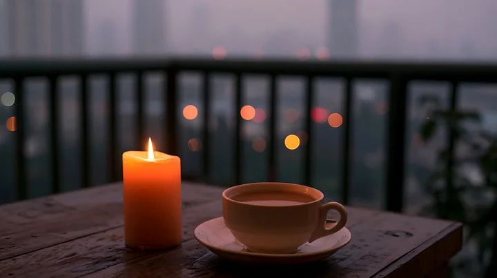 A candle with copy space on right sits beside a cup of warm drink on a wooden table.