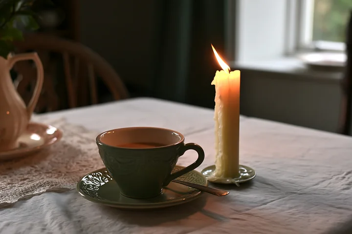A candle with copy space on right stands next to a cup of tea on a table in a softly lit room.