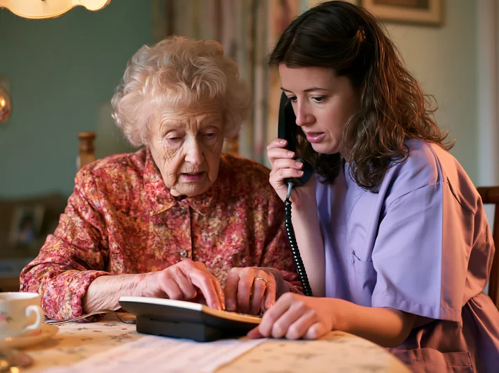 A caregiver helps a confused senior make a phone call at the table.