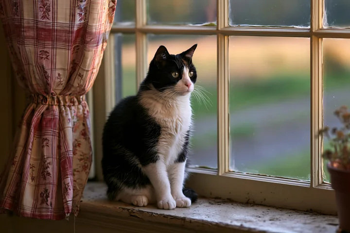 A cat sitting on a country house windowsill looks outside as the sun sets.