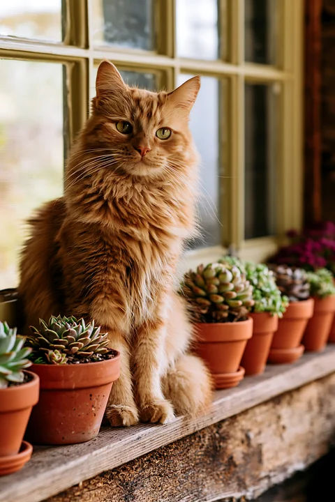 A cat sitting on a country house windowsill next to several potted plants.