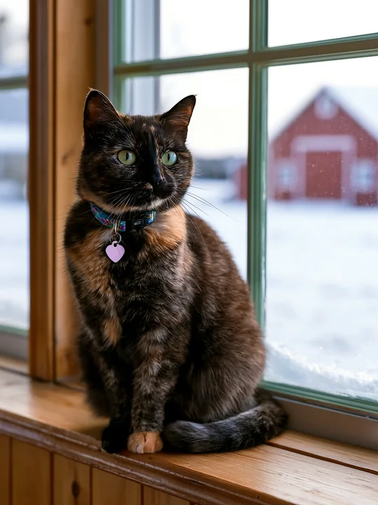 A cat sitting on a wooden windowsill in a country house, looking outside at the snowy yard.