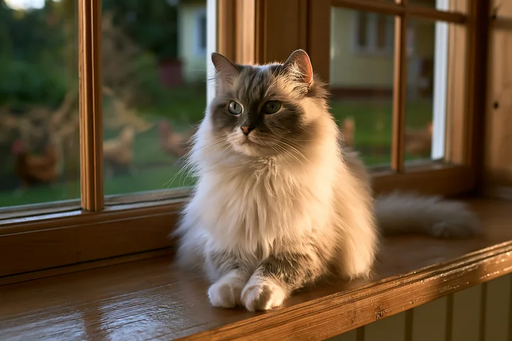 A cat sitting on a wooden windowsill of a country house watches the outdoors.