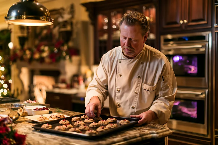 A chef prepares freshly baked cookies on a tray in an elegant luxury kitchen set for Christmas.