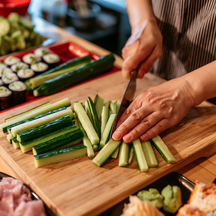 A chef prepares sushi at the restaurant counter by finely slicing cucumbers for sushi rolls.