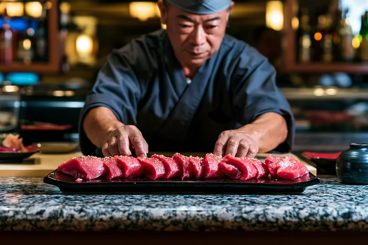 A chef preparing sushi at restaurant counter places slices of fresh fish on a serving tray.