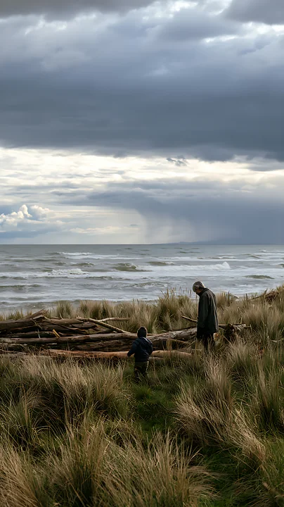 A child and an adult walk along the shore near the ocean, surrounded by grass and driftwood.