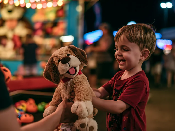 A child smiles while holding a stuffed animal received at a fair booth.