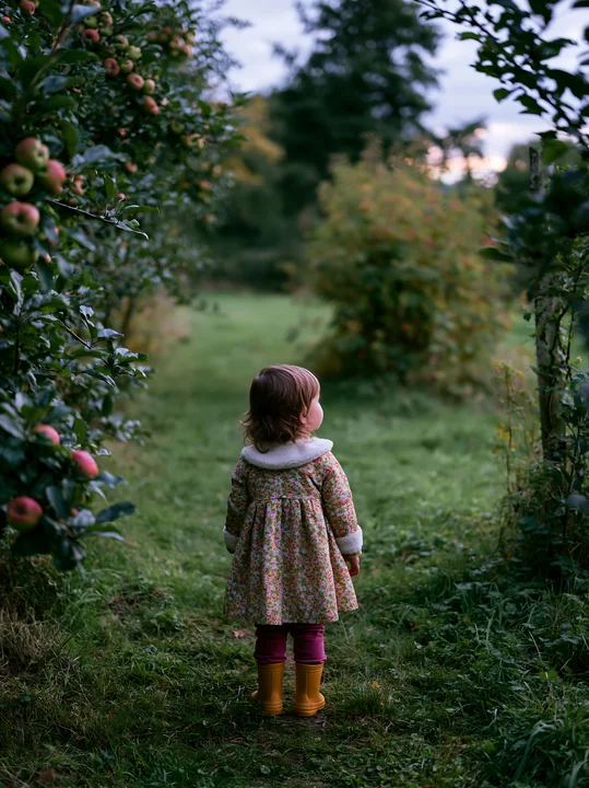 A child stands among fruit trees around country house, gazing at the green surroundings.
