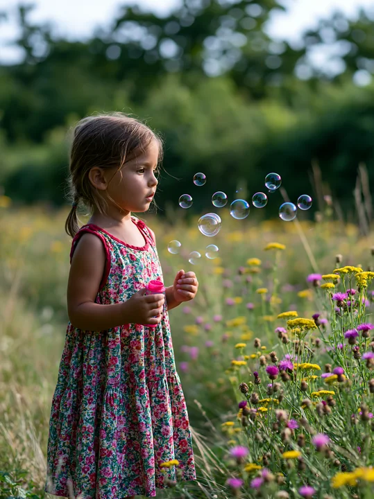 A child stands in a meadow surrounded by hedgerows, blowing bubbles as colorful flowers bloom around her.