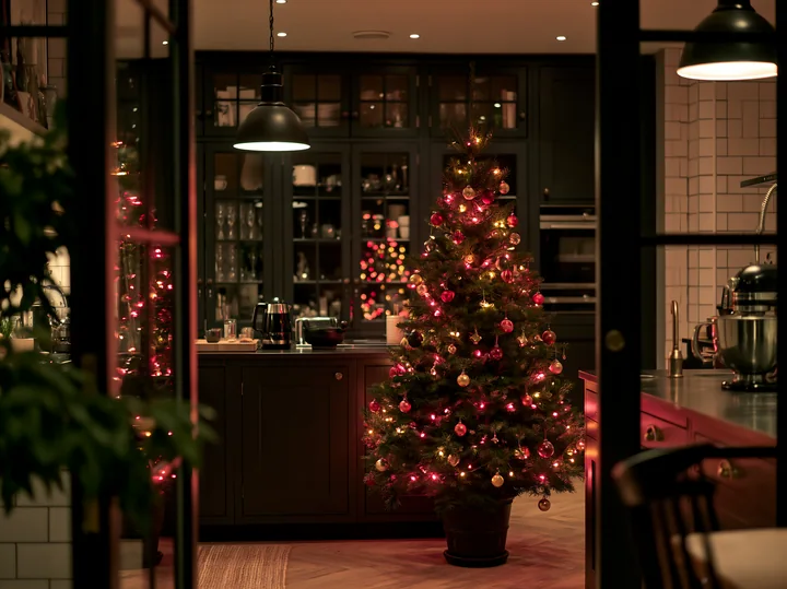 A Christmas tree stands in a modern kitchen, decorated with lights and ornaments.