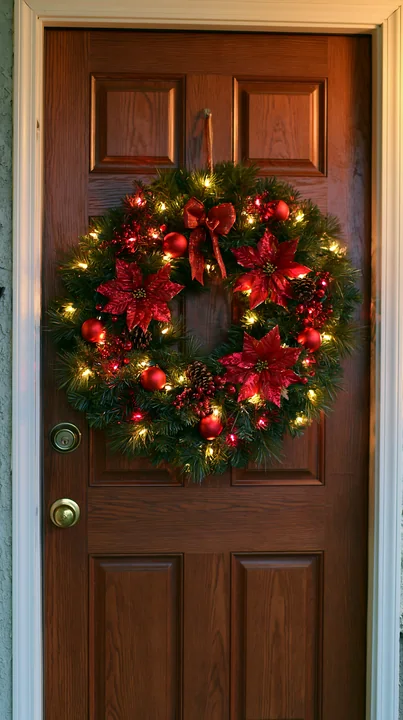 A Christmas wreath hangs on an apartment door.