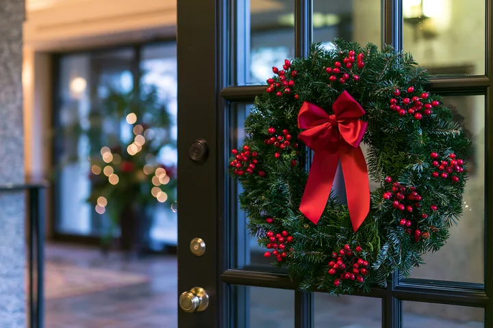 A Christmas wreath with red ribbon and berries hangs on an apartment door, while warm lights illuminate a cozy interior setting filled with holiday decorations.