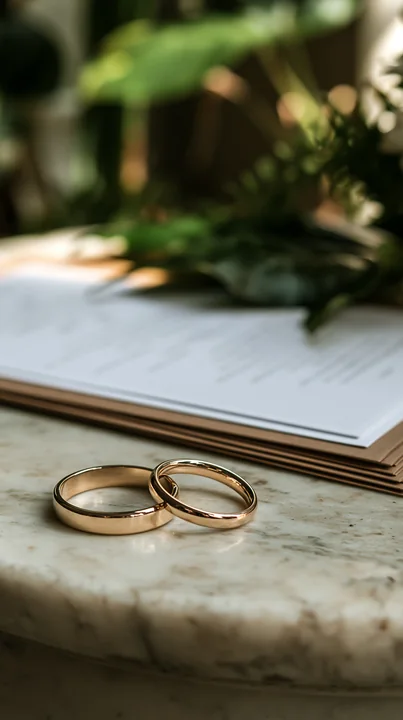 A church wedding invitation rests beside two gold wedding rings on a marble table.