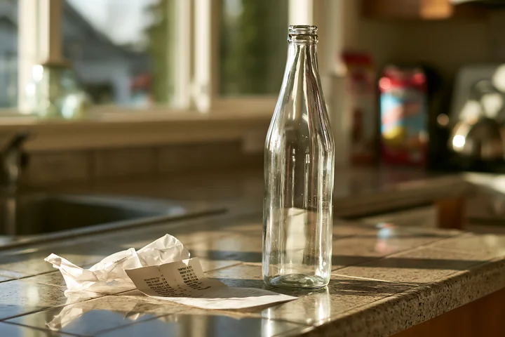 A clear empty bottle stands beside a crumpled receipt on a kitchen counter.