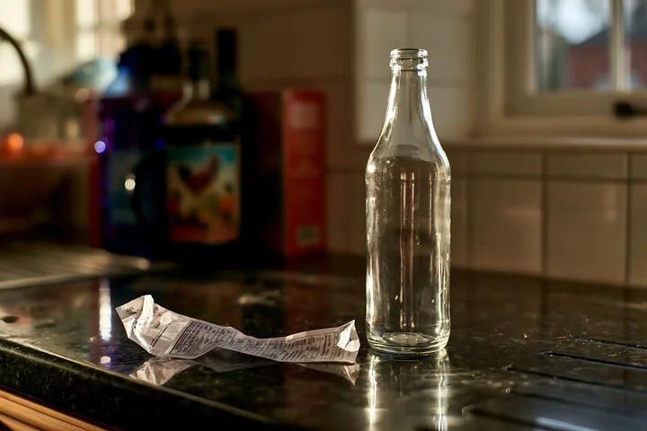 A clear glass bottle sits beside a crumpled receipt on a stone kitchen countertop.
