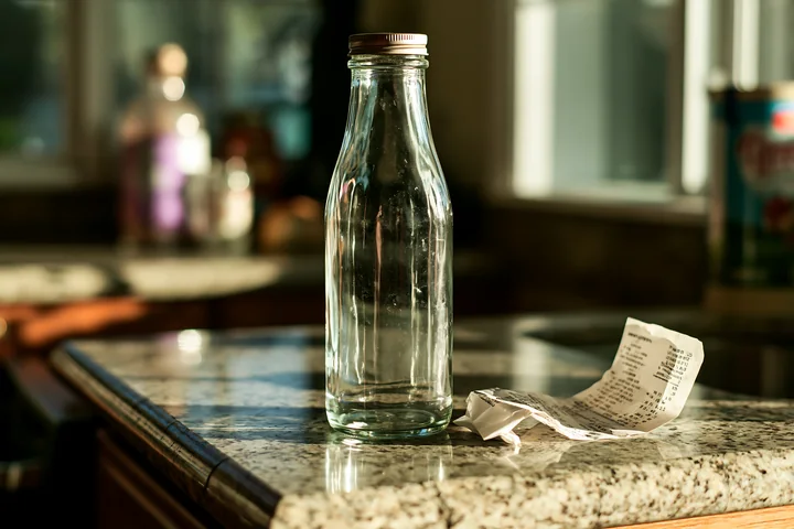 A clear glass bottle stands next to a crumpled receipt on a granite kitchen counter.