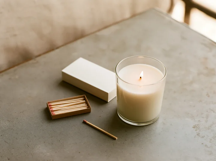 A clear glass candle with a lit wick sits on a light gray surface alongside a small box of matches and an open matchbox.