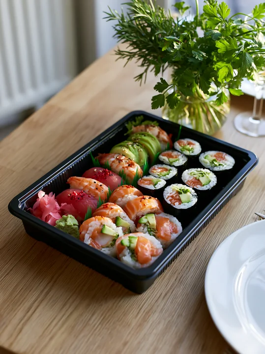 A close-up view of a sushi takeaway box filled with various sushi types.
