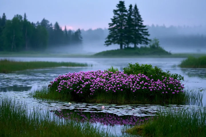 A cluster of flowers blooms on an island in a lake.