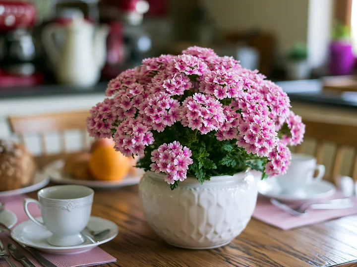 A cluster of pink verbena flowers in a white container sits on a wooden dining table surrounded by cups and a plate.