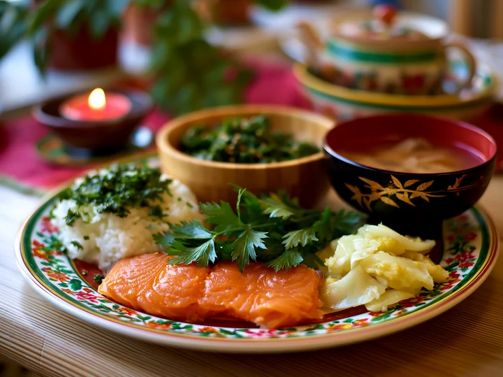 A colorful plate displays salmon, rice, vegetables, and herbs.