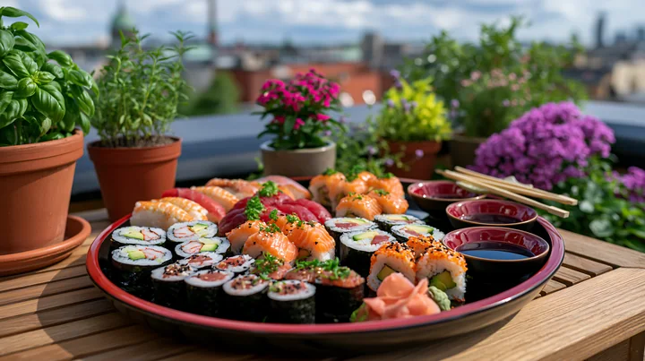 A colorful plate of various sushi types is set up for a picnic lunch outdoors.