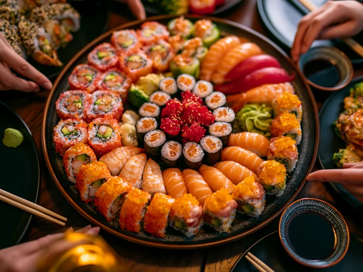 A colorful tobiko roe sushi platter is arranged on a round wooden table.