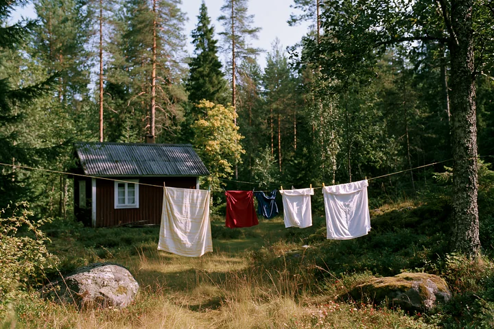 A cottage near forest edge features clothes hanging on a line, with a backdrop of trees and rocks.
