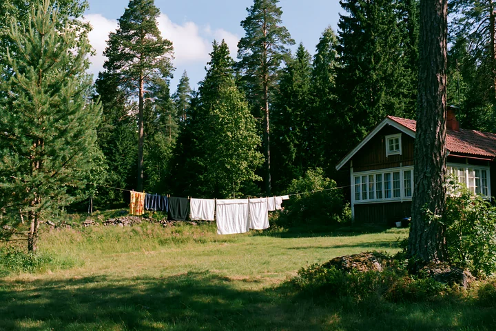 A cottage near forest edge has clothes hanging on a line under the sun.