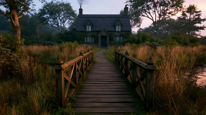 A cottage sits beside a stream with a wooden bridge leading to the entrance.