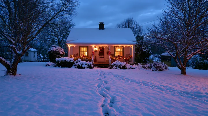 A country cottage with Christmas decorations sits in a snowy field.