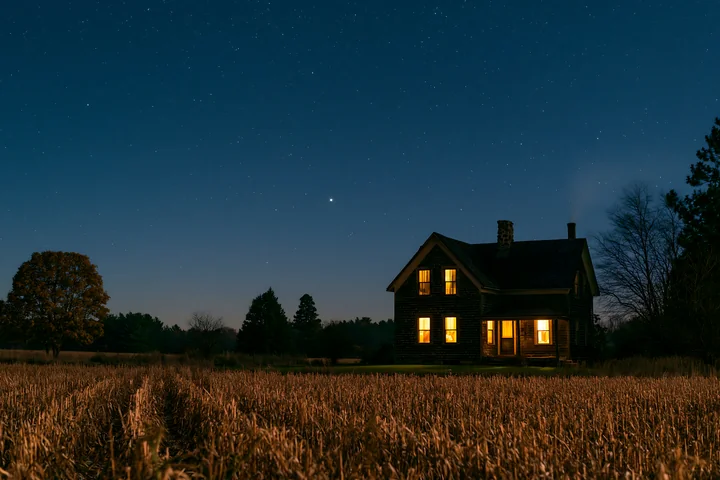 A country house stands alone in a golden field under a starry sky.