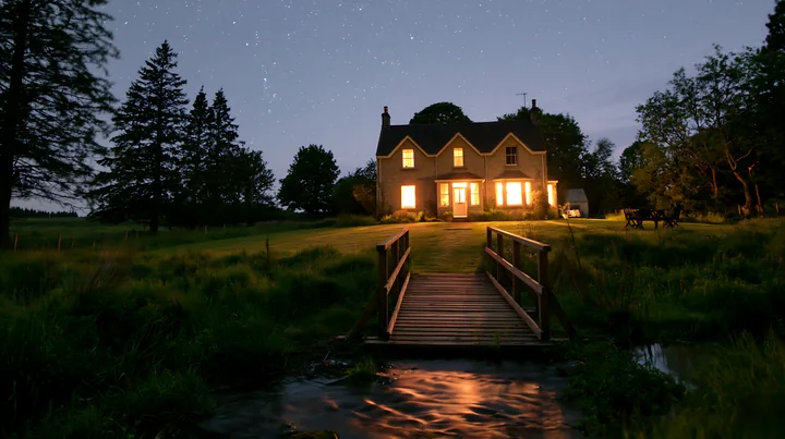 A country house stands under a starry sky with light shining from its windows.