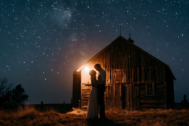 A couple dancing under stars outdoors near a rustic barn.