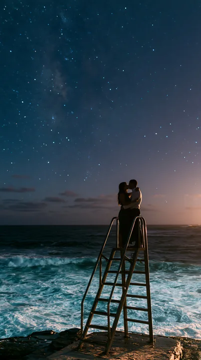 A couple embraces while sharing a romantic kiss under stars near ocean waves.