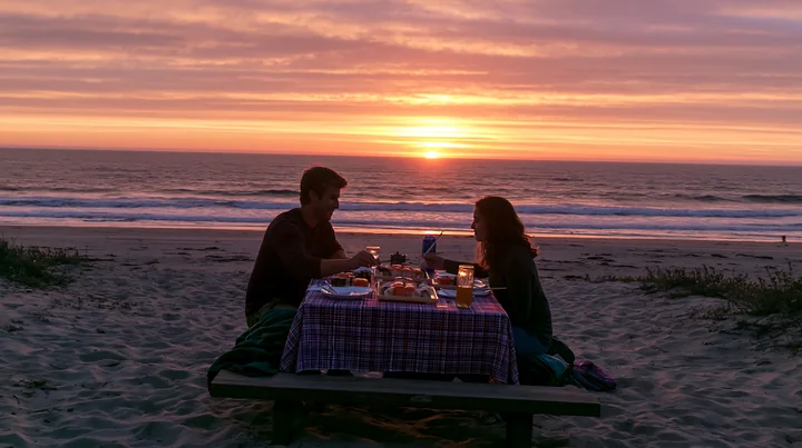 A couple enjoys a romantic sushi dinner on the beach at sunset, seated at a table laid out with sushi, drinks, and glasses.