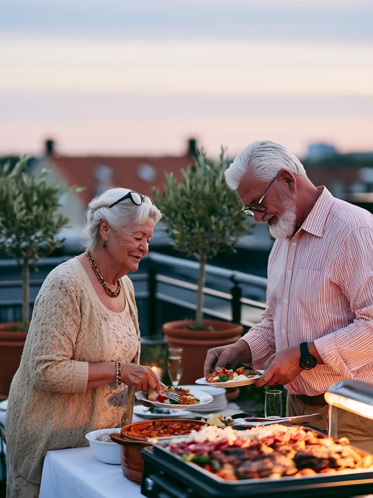 A couple enjoys a rooftop buffet dinner while serving themselves various dishes.
